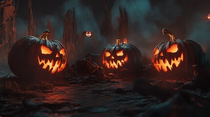 Spooky Halloween Night: Glowing Jack-o'-lanterns in a Dark Forest