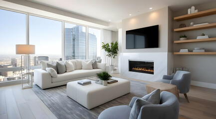 Fototapeta premium A modern living room featuring a stylish sofa, large windows, and an elegant design. The serene atmosphere is perfect for relaxation and social gatherings.