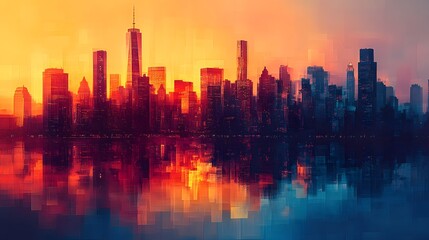 Fototapeta premium A stunning abstract city silhouette under a vibrant sunset, reflecting in a dark body of water, creating a colorful and dynamic scene that evokes an abstract theme and urban energy.