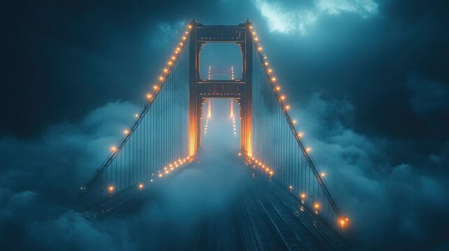 Golden Gate Bridge, shrouded in fog, vibrant lights