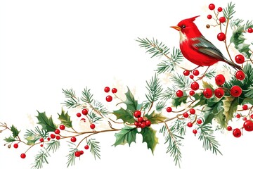 Christmas holiday watercolor illustration featuring a red cardinal bird on holly and pine branches with red berries