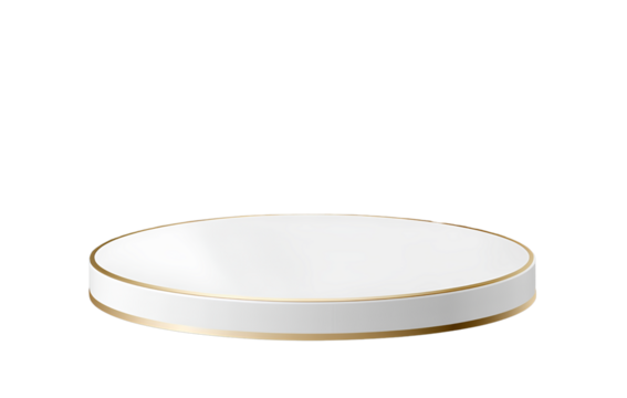 White podium or pedestal isolated on a transparent background, vector illustration. Illustration of an empty white round stage for product presentation with a golden border. Realistic mockup.