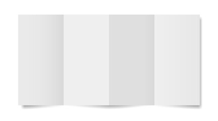 Four panel accordion fold. White folded paper sheet. Double gate fold. Vertical pages. Blank booklet