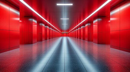 Electric intensity from ultra-modern corridor. Futuristic red hallway with reflective surfaces and LED lighting. Ideal for sci-fi sets, tech branding, or architectural concept visuals.