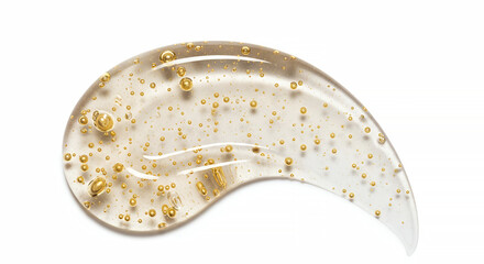 Close-up of clear serum with suspended 24k gold flakes on clean white backdrop for luxury cosmetic ad
