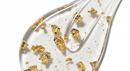 Close-up of clear serum with suspended 24k gold flakes on clean white backdrop for luxury cosmetic ad