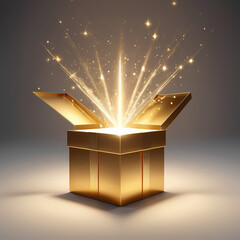 Open Golden Gift Box - An open golden gift box with light emanating from inside, suggesting a magical or valuable content, isolated  