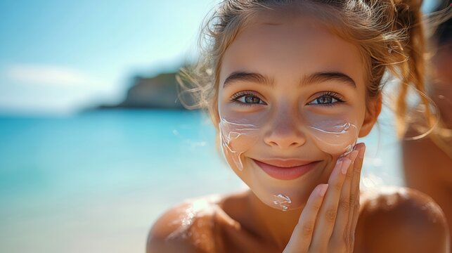 A loving mother gently applying sunscreen to her young daughterâ€™s cheeks at a sunny beach. The little girl squints slightly and giggles as the mother carefully spreads the lotion. --ar 16:9 --styliz