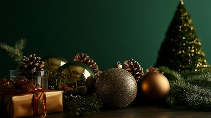 Elegant Christmas Still Life: Gold and Green Festive Decor