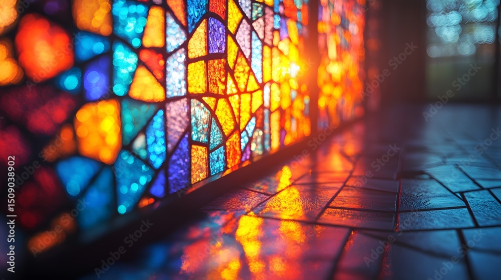 Aufkleber Abstract theme of vibrant glass art casting colorful reflections, creating a mesmerizing dance of light and shadow, evokes a sense of awe and wonder. Ideal for backgrounds and textures.