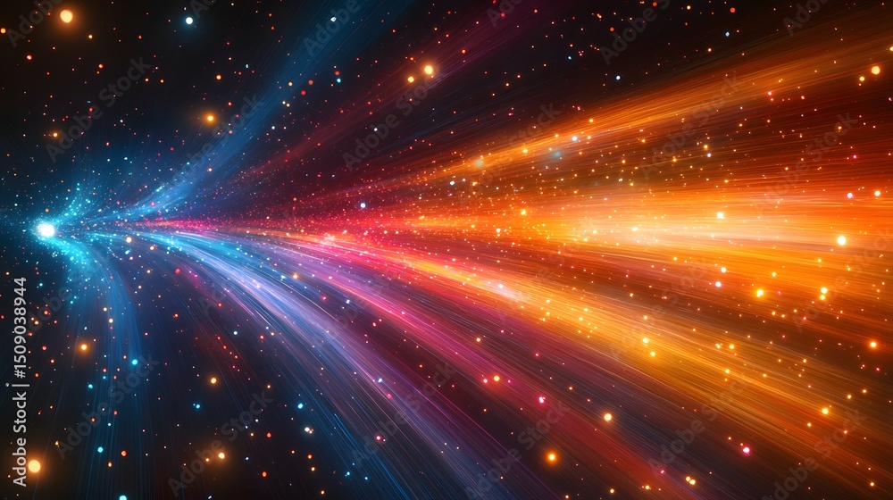 Poster Abstract cosmic burst with glowing lines and light particles in red, orange, blue shades creating a dynamic, energetic space background for creative graphic design projects.