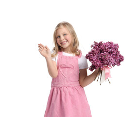 Little girl with bouquet of lilac flowers on white background