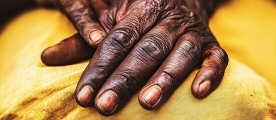 Elderly hands resting, yellow fabric background, Africa, age texture