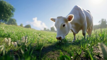 Serene White Cow Grazing in Lush Pasture