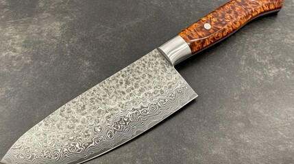 Damascus chef knife, textured handle, dark surface, cooking prep