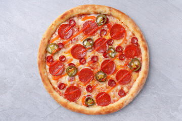 Cheesy Pepperoni Pizza Loaded with Spicy Jalapenos and Sauce