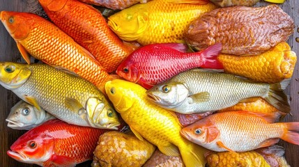Colorful fish market, fresh seafood, variety, vibrant, top view, food