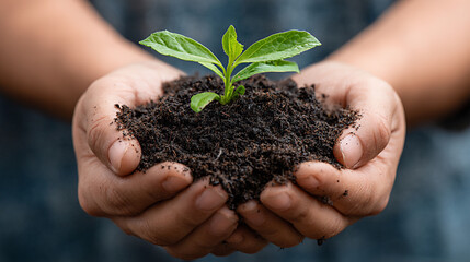 Hands holding a small plant with soil, sustainability or startup concept
