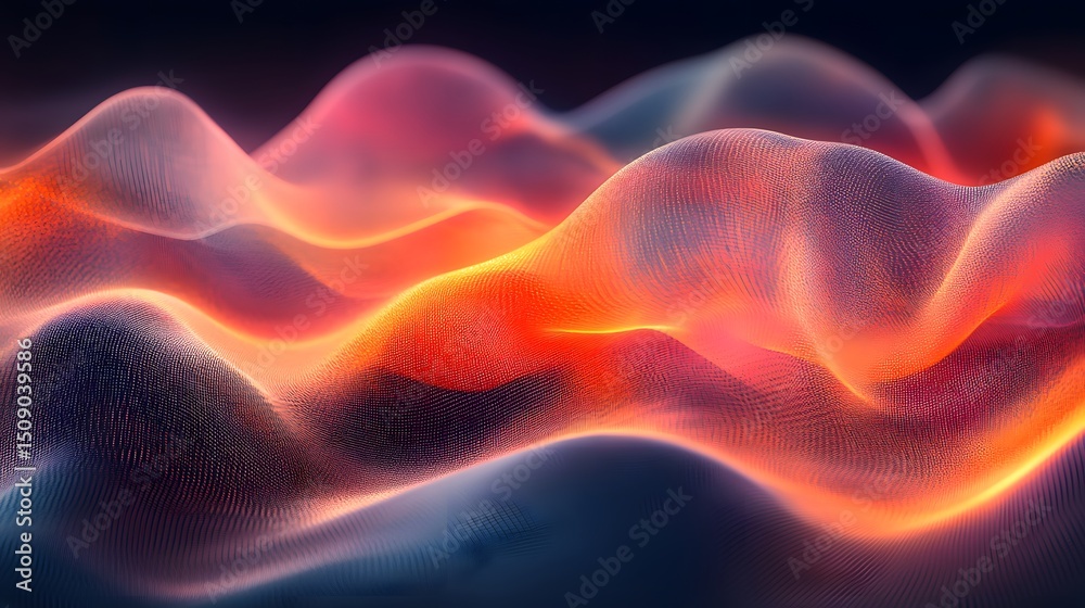 Poster An abstract theme is shown with flowing organic shapes made of tiny colorful dots with orange and yellow undertones creating an elegant and mesmerizing aesthetic for diverse digital needs.