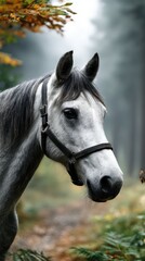 Majestic white horse standing peacefully in a misty forest during autumn
