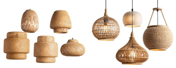 Modern Organic Ceiling Pendant Lights with Natural Fiber Shades, PNG 