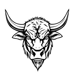 Obraz premium Aggressive Bull Head: A fierce monochrome line art illustration showcases a bull's head with prominent horns and a menacing expression, rendered in bold black and white.