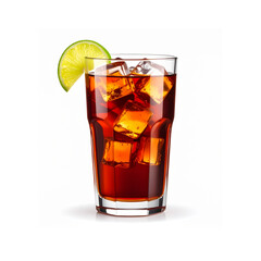 Cuba libre cocktail with rum, cola, ice cubes and lime slice in glass on white background