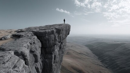 Hiker Cliff Edge overlooking deep landscape with bold contrast and minimal framing perfect for adventure storytelling success metaphors and exploration visuals