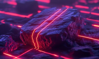 Glowing red lines cut through dark stone block on a rocky surface; futuristic tech concept