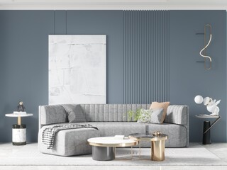 Mock up of a sophisticated stylish living room with a trendy comfortable sofa and a light modern background, 3d rendering.