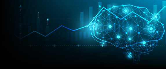 Abstract technology computing concept Ai Brain working data of Artificial intelligence and futuristic digital for future on dark blue background.