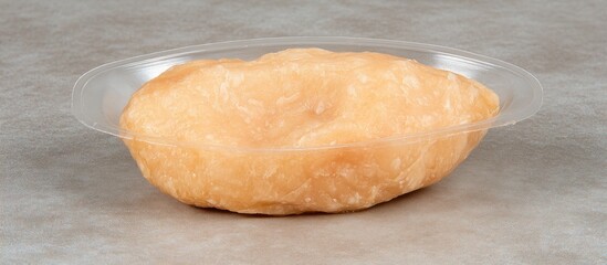 Creamy pale orange food in bowl, light grey background.  Recipe ingredient or product shot