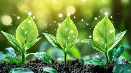 Growing plants, nature, technology, sunrise, bokeh background, environmental concept, stock photo