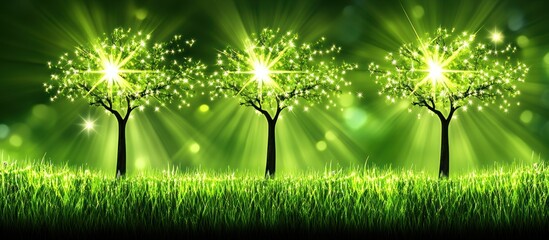 Glowing trees in green field, nature backdrop, eco concept