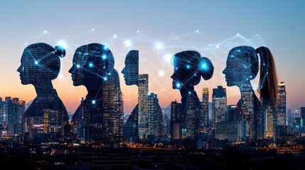 Women silhouettes, network, city skyline, sunset, AI