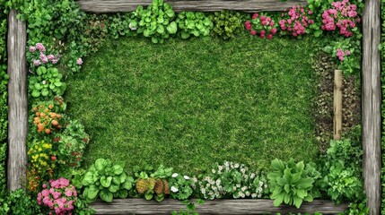 Lush garden border, green lawn center; overhead view.  Perfect for gardening/home decor