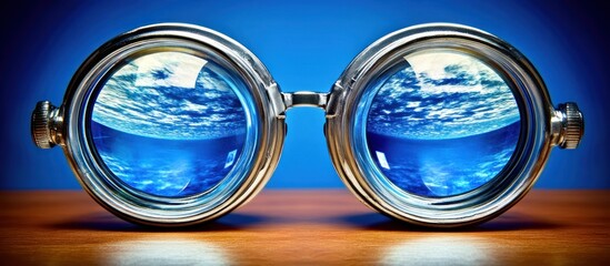 Sky mirrored in round glasses, wooden surface, blue background, vision concept