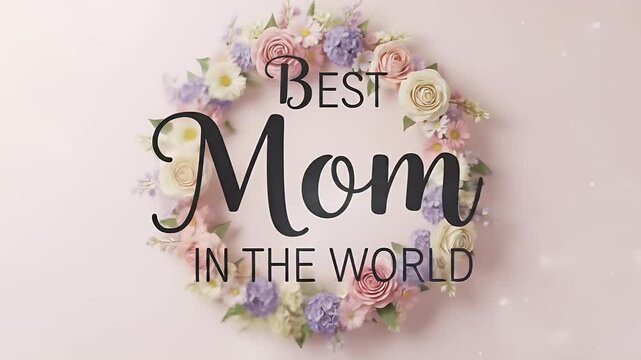 Classic Best Mom in the World serif text with pastel floral wreath animation

