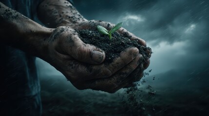 Obraz premium hands holding soil and sprout
