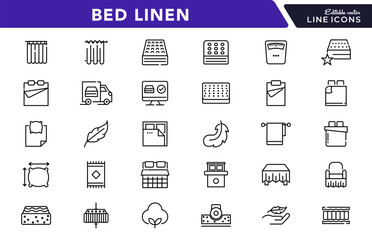 Bed linen linear icon set. Textile, comfort, sleep, bedroom, bedclothes, cotton, pillows, duvet cover,  cleaning, bedding sheet, sheet, soft, home, duvet, outline icon collection. UI thin vector icon