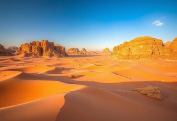 Naklejka premium Vast, sun-baked Sinai desert expanse, windswept dunes, rocky outcrops, wilderness, dunes