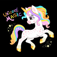 Cute cartoon character joyful magic unicorn and lettering vector