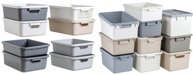 _A set of modular plastic storage bins in soft grey, beige, and white, designed for mi