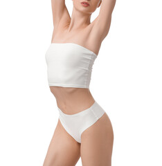 Woman with perfect slim body on white background, closeup