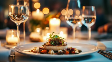 A luxury fine dining setting, showcasing an elegant plated dish with soft candlelight in the background. 
