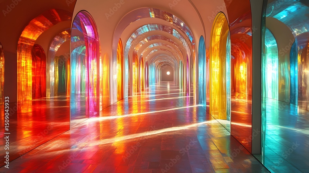 Poster Abstract theme featuring a long corridor of arches with colorful panes reflecting light, creating a vibrant and dynamic visual space. The play of colors and light creates an immersive ambiance.
