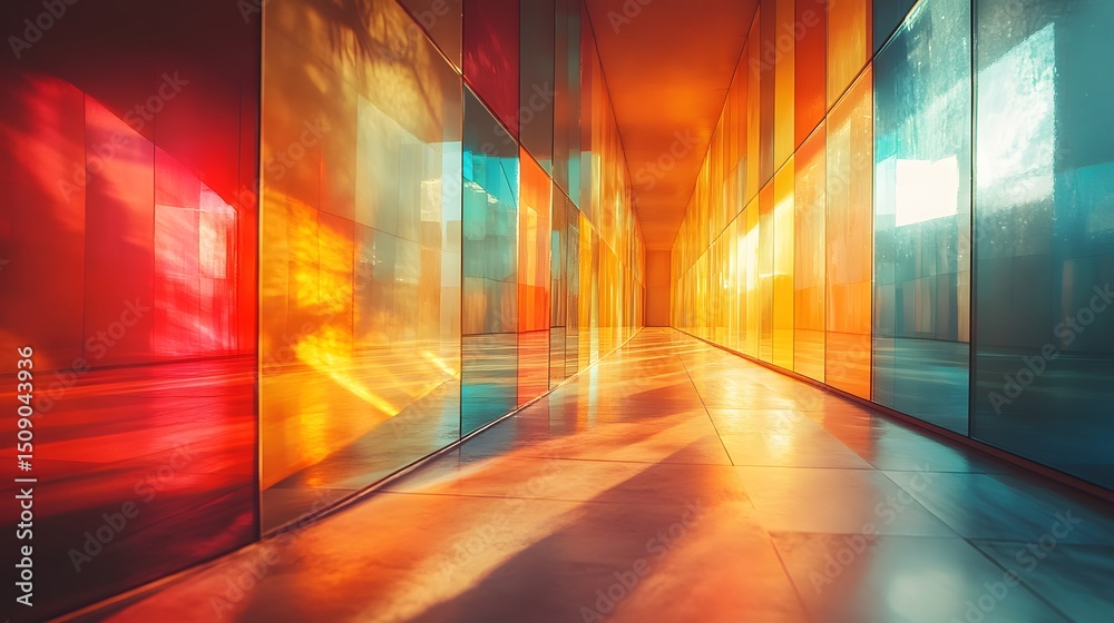 Poster A mesmerizing abstract view of a vibrant corridor, with dynamic interplay of light and shadow. A modern design that suggests progression and energy, with a rich color palette.