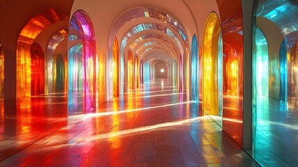 Abstract theme featuring a long corridor of arches with colorful panes reflecting light, creating a vibrant and dynamic visual space. The play of colors and light creates an immersive ambiance.