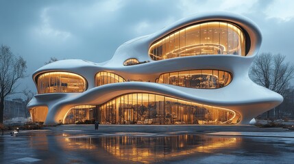 Obraz premium A luxury hotel with a sculpted and futuristic shape. --ar 16:9 --stylize 750 --v 6.1 Job ID: 8acf2188-2c55-4a7e-ae8c-2b2b1fccdf43