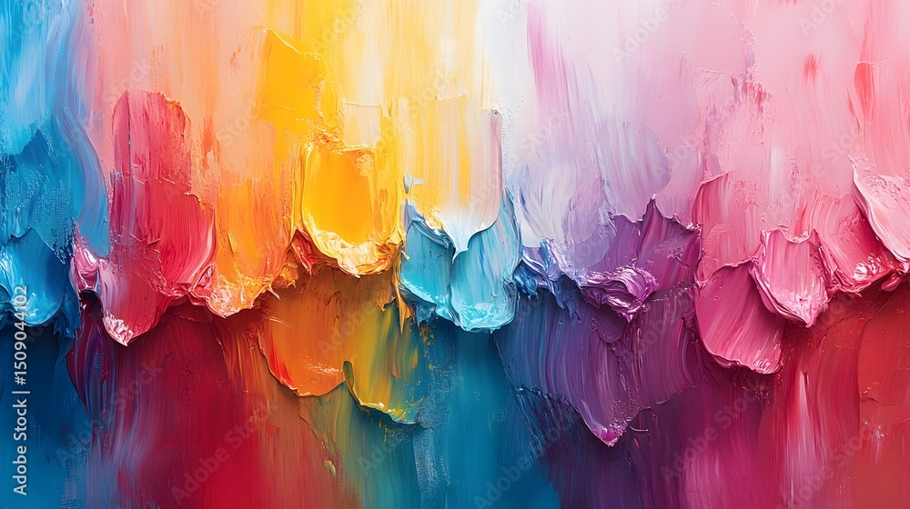 Poster a vibrant abstract painting featuring textured brushstrokes in a spectrum of colors. the artwork evo
